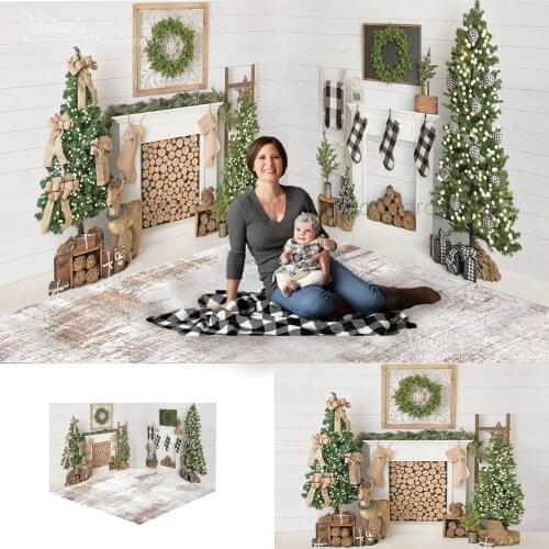 Christmas Photography Backdrop Fireplace Kids Child Portrait Wood Christmas Trees Props Family Photo Festival Banner Photostudio
