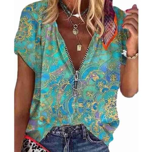 Womens Fashion Loose Casual Floral print short sleeves Vintage Printed Zipper V-neck Plus Size summer shirt tops tshirt