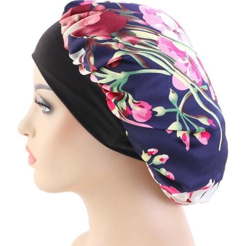 New Satin Bonnet For Women Day Night Sleep Cap Wide Elastic Band Floral Print Beauty Salon Headwear Hair Care Silky Hat