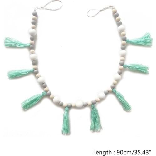 W3JE Nordic Cotton Rope Wooden Bead Garland with Tassel Wall Hanging Nursery Props Ornament Kids Baby Room Decor