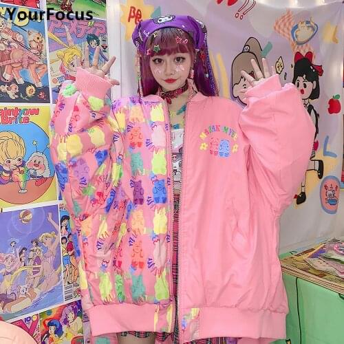 Femme Veste Harajuku Hiphop Double-sided Wear Multicolored Bear Pattern Jackets Loose Quilted Coat Winter Jacket Women