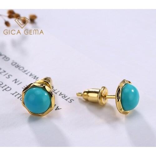 GICA GEMA 100% 925 Sterling Silver Plated 24K Yellow Gold Color Blue Turquoise Stud Earrings Fine Jewelry Wholesale