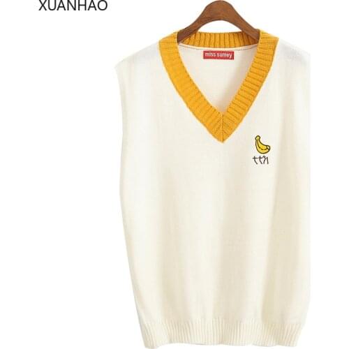 XUANHAO 2020 Womens Harajuku Cute Knitted Vest Fruit Embroidery V-Neck Girls' Kawaii Sweet Sweater Female Retro Pullovers Women