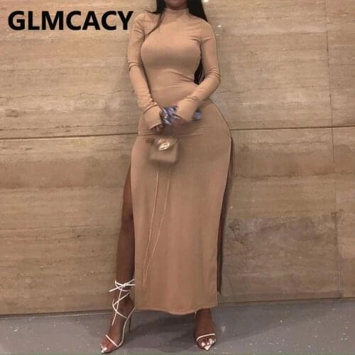 Women Long Sleeve Solid Dress Casual Bodycon Slit Maxi Dress