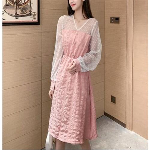 Polka-dot mesh Stitching Women Long Sleeve LooseDress Elegant White Mesh Autumn A Line Party Clothes