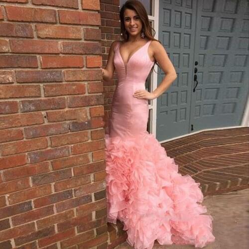 Pink Organza Ruffles Prom Dresses Sexy Deep V Neck Mermaid Evening Gowns Formal Party Gowns