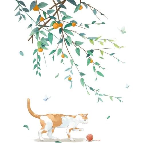 1 Sheet Wall Sticker Self-Adhesive Bedroom Decorative Cat Plant Pattern Window Decal Multicolor PVC Wall Mural Home Office Decor