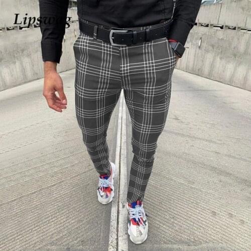 Fashion Plaid Print Mens Slim Pants Casual 2021 Spring Summer Skinny Pencil Pants Mid Waist Trousers For Men Clothes Streetwear