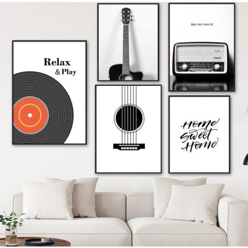 Black White Record Guitar String Radio Wall Art Canvas Painting Nordic Posters And Prints Wall Pictures For Living Room Decor