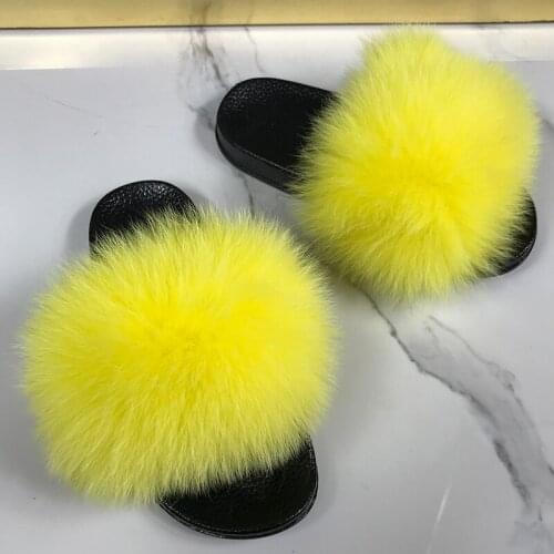 Kids Slippers Fur Slides Real Fox Fur Slippers Kids Summer Fashion Fluffy Flip Flops