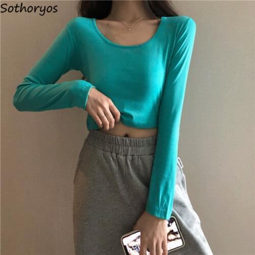 Basic T-shirts Women Solid O-neck Slender Fresh All-match Crop Top Long Sleeve Teenagers High Quality Trendy Females Tees Casual