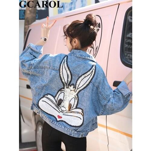 GCAROL Cartoon Sequined Oversized Denim Jacket Bling Bling Loose Preppy Style Embroidered Short Coat Character Outfits 4 season