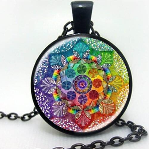 Colorful Mandala pendant necklaces handmade om symbol buddhism henna yoga Vintage Jewelry Glass Photo Necklace