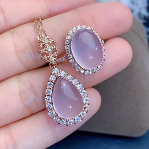 The Best Wedding Gift Rose Quartz Jewelry set Natural And Real Rose Quartz Set 925 sterling silver 1pc ring,1pc Pendant