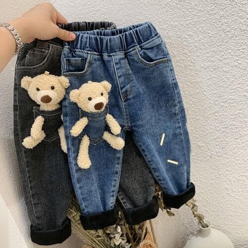 2-6 Years Winter Girls Boys Cute Cartoon Bear Jeans Pant Baby Kids Children Thick Warm Fleece Denim Trousers Children Jeans