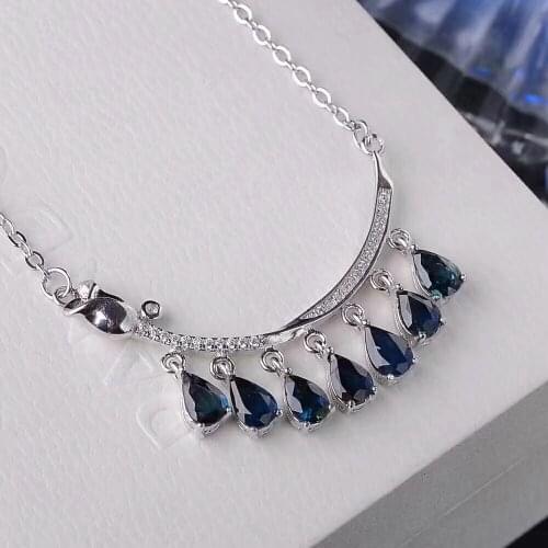 Natural blue sapphire Elegant Tulip flowers necklace natural gemstone pendant necklace S925 silver women party fine jewelery