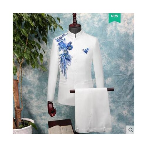 Singer star style stage embroidery clothing for men groom suit set with pants mens sequin suits men formal dress white fashion