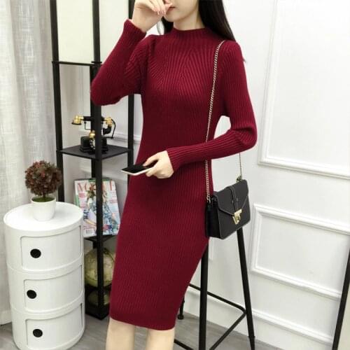 Turtleneck Women Sweater Dress Autumn Winter Knitted Dress New Solid Bodycon Dress Female Mid-Calf Long Bottoming Dress Vestidos