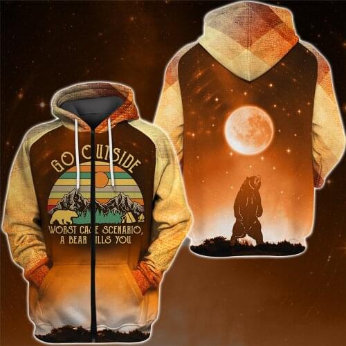 Graffiti letters flame roaring bear print casual 3D zipper hooded sweatshirt