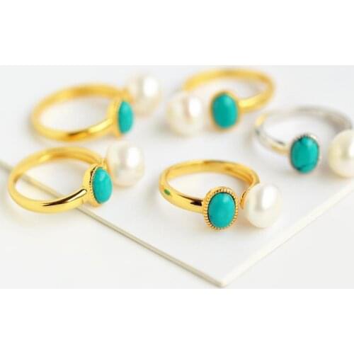 Natural Turquoise S925 Sterling Silver Gold Plated Argent Pur Womens Tail Ring Open Exquisite Ring Shell Pearl Ring Adjustable