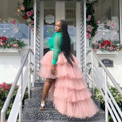 Dusty Pink Tiered Puffy Skirt faldas Hi Low Tulle Skirts Maxi Elastic Band Prom Party Skirt Asymmetrical Purple Fashion