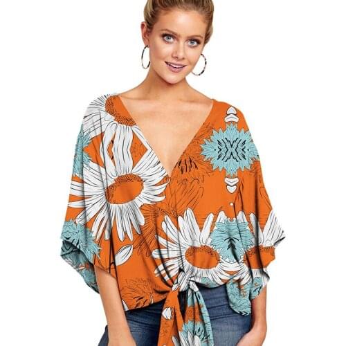 2021 Summer Fashion Comfortable Women Shirt V-Neck Short Sleeve Knotted Print Top Shirts For Woman Casual Loose Lady Clothes