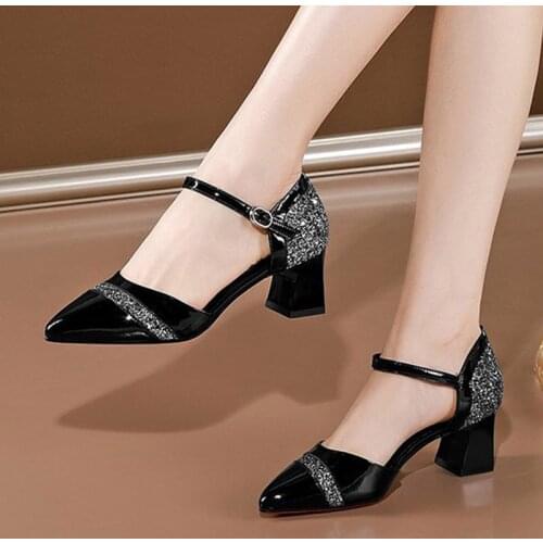 2020 Summer Shoes Women Sandals Patent Leather Pumps High Heels Bling Dress Shoes Pointed Toe Ankle Strap Sandalias mujer 8149N