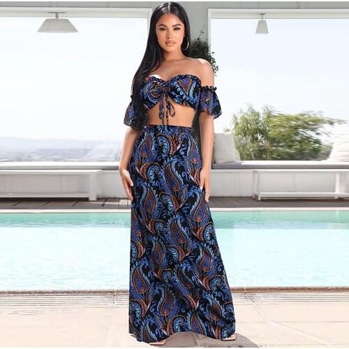 Off The Shoulder Print Slash Neck Short Sleeve Crop Top and High Waist Maxi Skirt for Women Vintage Bohemian Two Piece Outfits