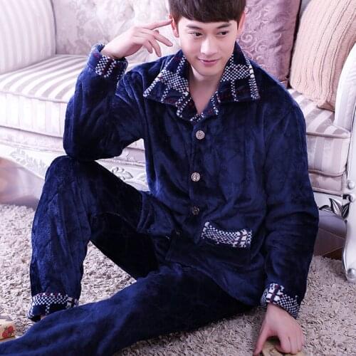 H5749 Thickened Pajamas Men Flannel Autumn Winter Long Sleeve Sleepwear Male Warm Soft Turn Down Collar Casual Nightwear Suit