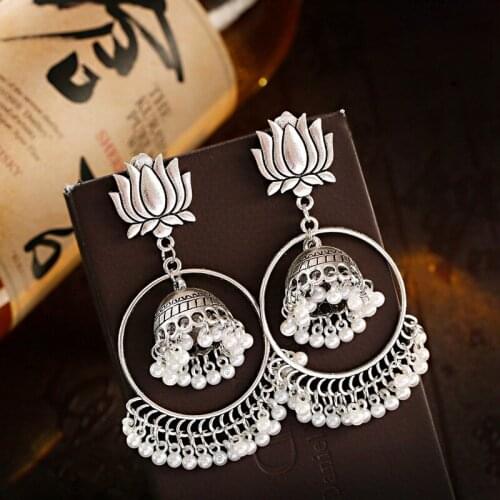 Ethnic Lotus Afghan Gyspy Jhumka Earrings For Women Pendient Big Round Pearl Tassel Indian Earring Jewelry