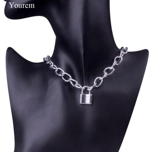 Yourem 10mm aluminum chain padlock necklace for women fashion stainless steel lock necklace for men jewelry
