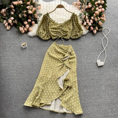 Polka Dot Slash Neck Mid-Calf Elegant Fashion Two Piece Skirt Patchwork Short Puff Sleeve Dress Clothing Sets Womens Suit