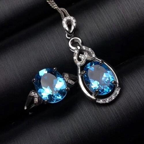 Natural blue topaz gem geometry Water Pendant ring Natural Gemstone Jewelry Set 925 Silver Women girl party gift fine jewelry