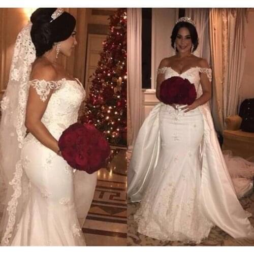 Plus Size Mermaid Wedding Dresses Detachable Train 2022 Off Shoulder Lace Floral African Garden Castle Bride Reception Gown