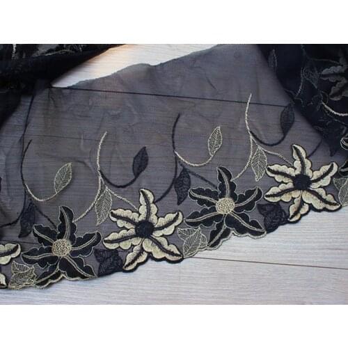19cm wide-2yards/lot Floria Embroidered Tulle Lace Trim,Black+Light Army Green