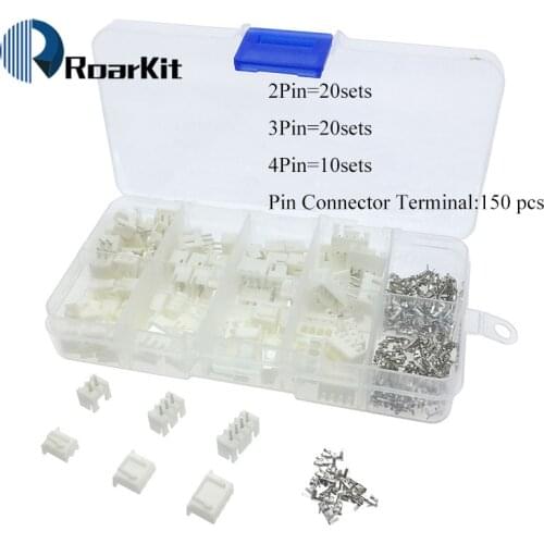 250pcs 50Sets/box kit 2.54mm XH2.54 2p 3p 4 pin Connector plug + straight needle + terminal socket Header wire Adaptor XH2P