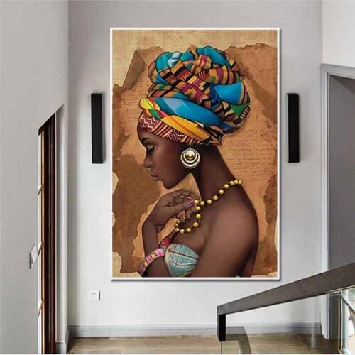 Black African Woman Wearing Gold Jewelry Canvas Figure Painting Portrait Poster and Print Wall Art Picture Room Decor Aesthetic