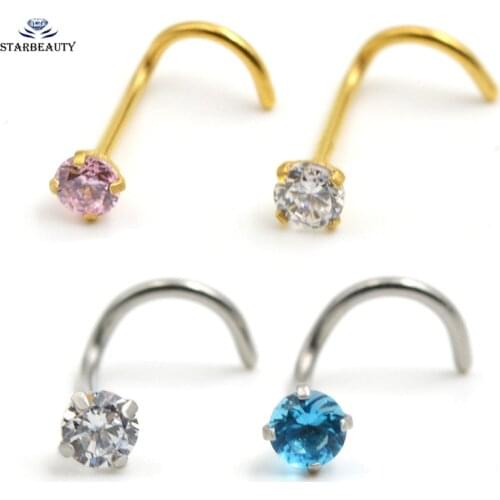 1 Piece AA Zircon 2.5mm Gem Nose Stud Piercing Surgical Steel S Shape Gold Silver Color Nose Ring Prong CZ Nose Jewelry 20g