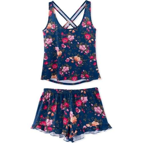 Neatie kiddie Home Night Sleepwear Floral Print Women Pajams Sets Cross Back Sleeveless Tank Tops Loose Shorts Female Clothes