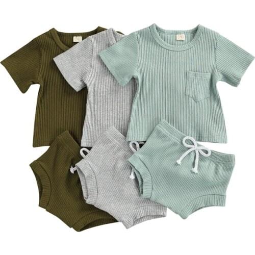 FOCUSNORM 0-24M Summer Causal Boys Girls Clothes Sets Solid Pocket Short Sleeve T Shirts Shorts 2pcs