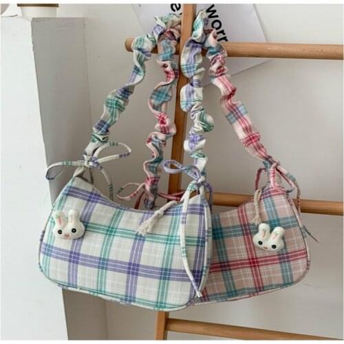 Korean fashion all-match Harajuku soft girl vintage girl messenger bag Japanese retro plaid cute canvas small bag cute