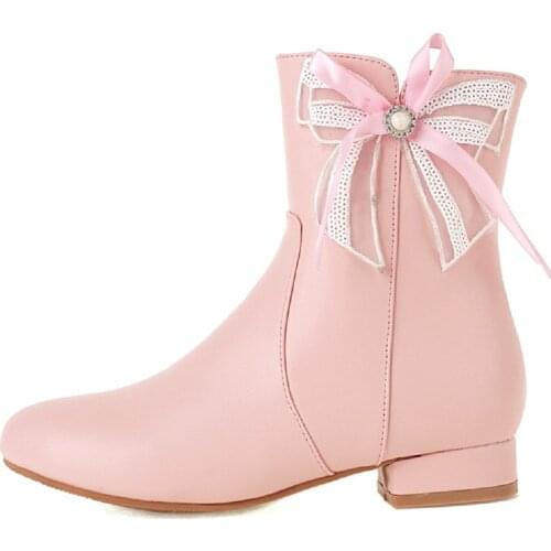 Sweet Womens Ankle Boots Autumn Winter 2021 Casual Flats Short Boots Lolita Shoes Bow-tied Pink White Shoes Girls Large Size