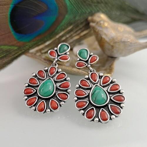 Fashion Luxury Red Agate Turquoise Mixed Color Gem Pendants Earrings European Retro Malachite Exaggerated for Women Jewelry Gift