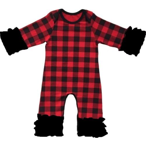 Christmas Wholesale Baby Icing Ruffle leg Romper Boutique Newborn black&Red Buffalo Plaid pajama gowns sleepers baby Jumpsuit