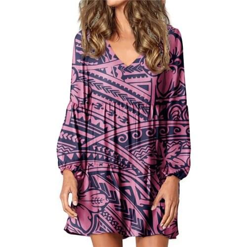 Hycool Latest Polynesian Tribal Stripe Print Purple Dress Sexy V Neck Long Lantern Sleeve Comfort Home Loose Dress For Pregnant