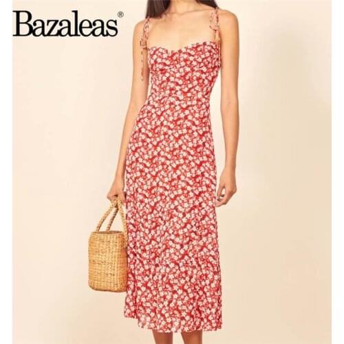 Bazaleas Red Floral Print women midi dress Adjust Spaghetti straps women dress Vintage Ruffles vestido