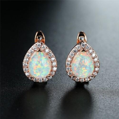 Luxury Female White Blue Opal Earrings Rose Gold Silver Color Clip Earrings Vintage Crystal Geometry Wedding Earrings For Women