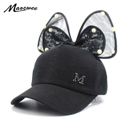 Girl Pink Cat Lace Hat Letter M Kids Baseball Cap Pearl Baseball Cap Children bow Hat Snapback Hats Children Summer Adjust Cap