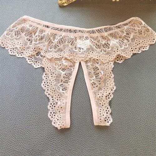 Pink Purple Lace Floral Panties Plus Size Open Crotch Thong For Sex Transparent Underwear Women Sexy Lingerie M - 5XL