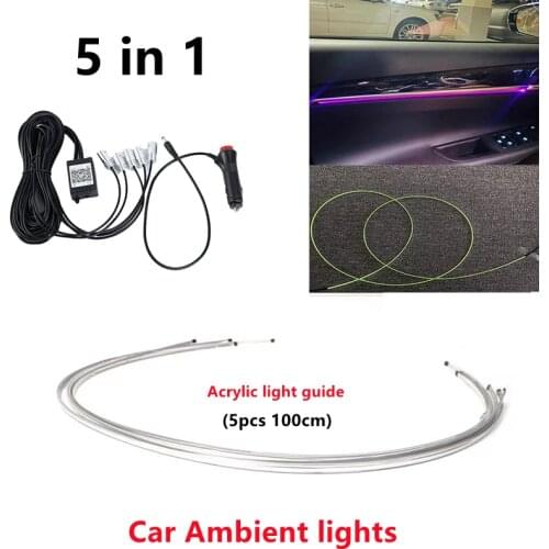 5 in 1 RGB LED Car Atmosphere Interior Ambient Light Acrylic Fiber Optic Strip Light by App Control DIY Music 100CM Fiber Optic